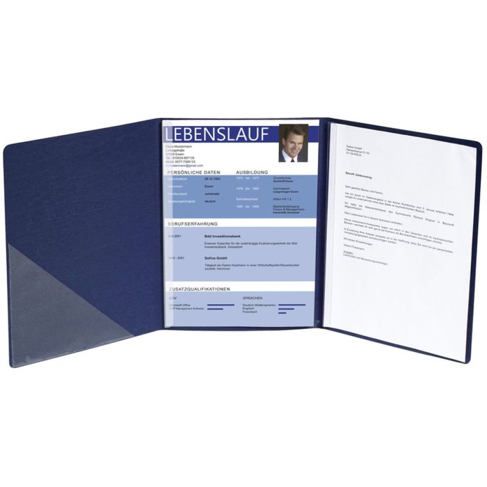 Carpeta de aplicación, 3 partes, 2 guías de clip, bolsillo interior, lino, azul oscuro
