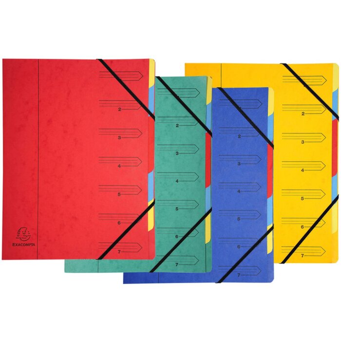 Organizador de cartón Manila 400g grapado con 7 compartimentos y banda elástica, para formato DIN A4 colores surtidos