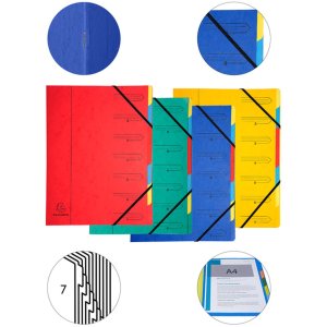 Organizador de cartón Manila 400g grapado con 7 compartimentos y banda elástica, para formato DIN A4 colores surtidos