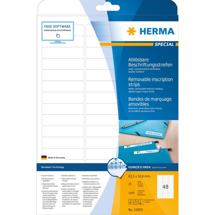 HERMA Tiras de etiquetado removibles A4 63,5x16,9 mm blanco Movibles-papel removible mate 1200 unid.